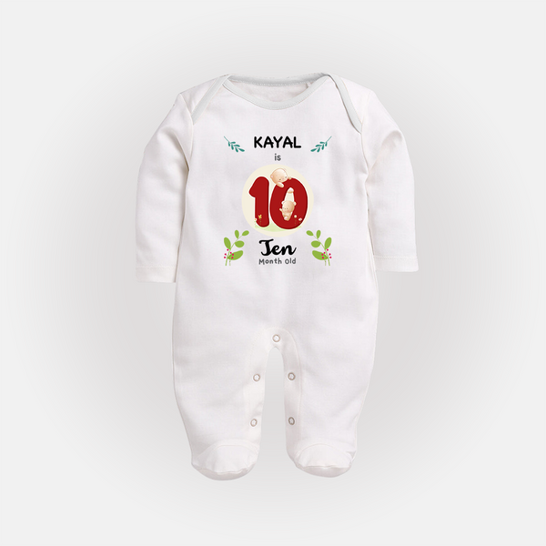 Customized Baby Full Sleeve Bodysuit/ Sleep Suit/ Jumpsuit | Celebrate 10th Month | Soft & Comfy Fit Full Sleeve Bodysuit/ Sleep Suit/ Jumpsuit - WHITE - New Born (Chest 7.5")