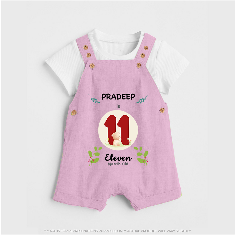 Customized Baby Dungaree Set | Celebrate 11th Month | Soft & Comfy Fit Dungaree Set - BABY PINK - 0 - 5 Months Old (Chest 18")