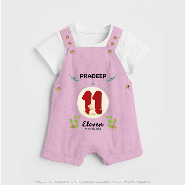 Customized Baby Dungaree Set | Celebrate 11th Month | Soft & Comfy Fit Dungaree Set - BABY PINK - 0 - 5 Months Old (Chest 18")