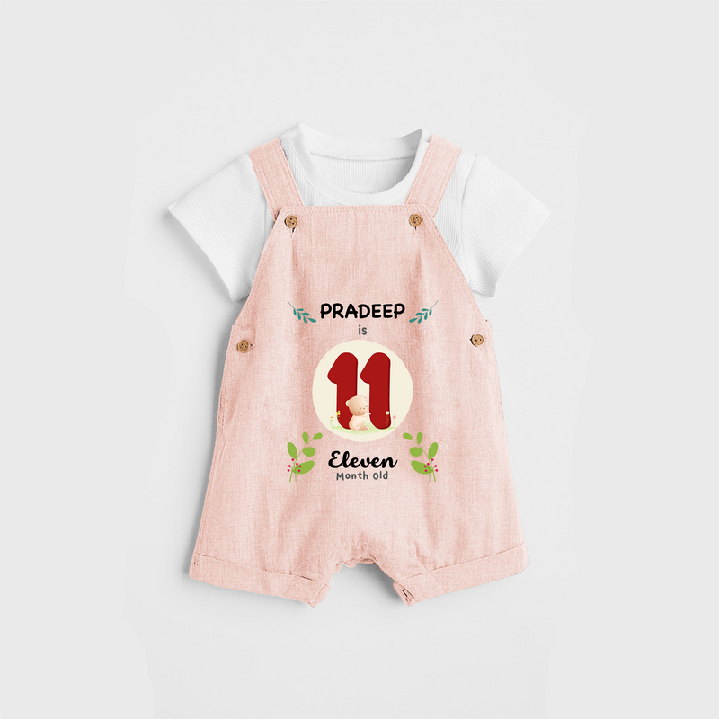 Celebrate The Eleventh Month Birthday Customised Dungaree set for your Kids - PEACH - 0 - 5 Months Old (Chest 17")