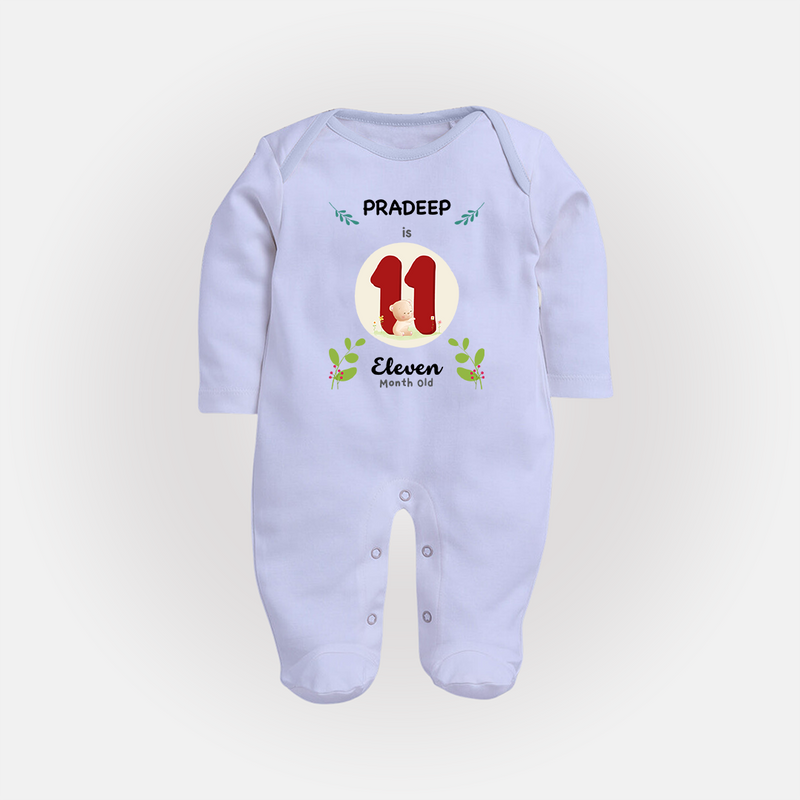 Customized Baby Full Sleeve Bodysuit/ Sleep Suit/ Jumpsuit | Celebrate 11th Month | Soft & Comfy Fit Full Sleeve Bodysuit/ Sleep Suit/ Jumpsuit - BABY BLUE - New Born (Chest 7.5")