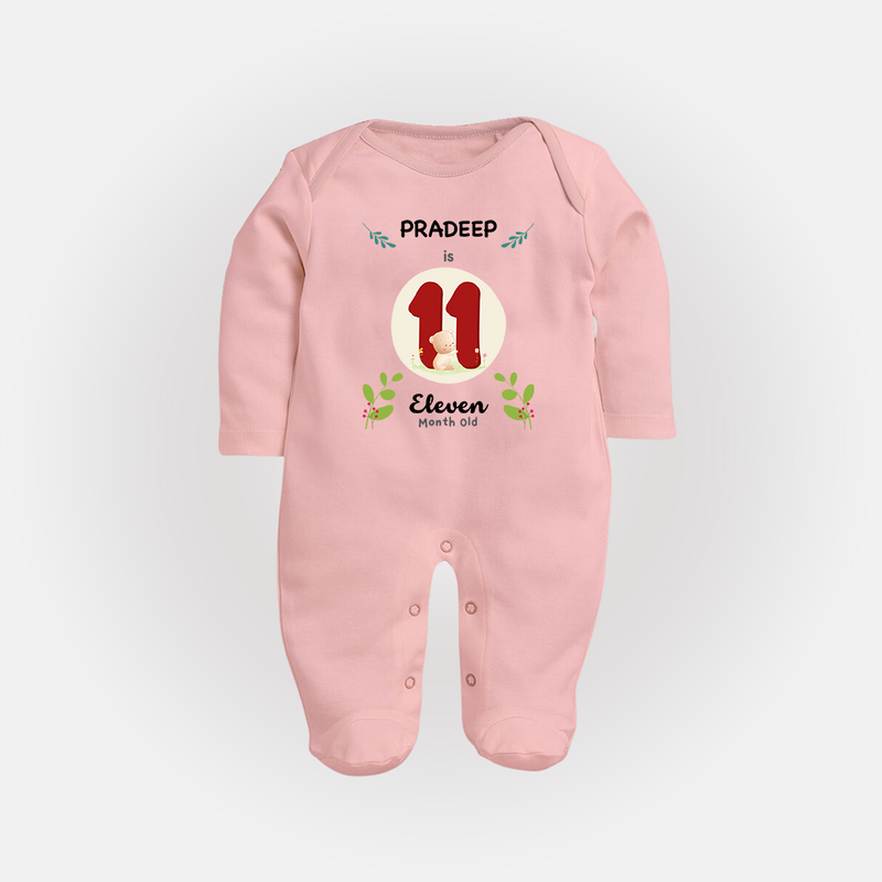 Customized Baby Full Sleeve Bodysuit/ Sleep Suit/ Jumpsuit | Celebrate 11th Month | Soft & Comfy Fit Full Sleeve Bodysuit/ Sleep Suit/ Jumpsuit - BABY PINK - New Born (Chest 7.5")