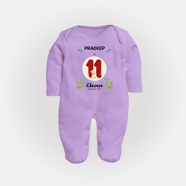 Customized Baby Full Sleeve Bodysuit/ Sleep Suit/ Jumpsuit | Celebrate 11th Month | Soft & Comfy Fit Full Sleeve Bodysuit/ Sleep Suit/ Jumpsuit - LILAC - New Born (Chest 7.5")