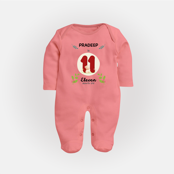 Customized Baby Full Sleeve Bodysuit/ Sleep Suit/ Jumpsuit | Celebrate 11th Month | Soft & Comfy Fit Full Sleeve Bodysuit/ Sleep Suit/ Jumpsuit - PEACH - New Born (Chest 7.5")