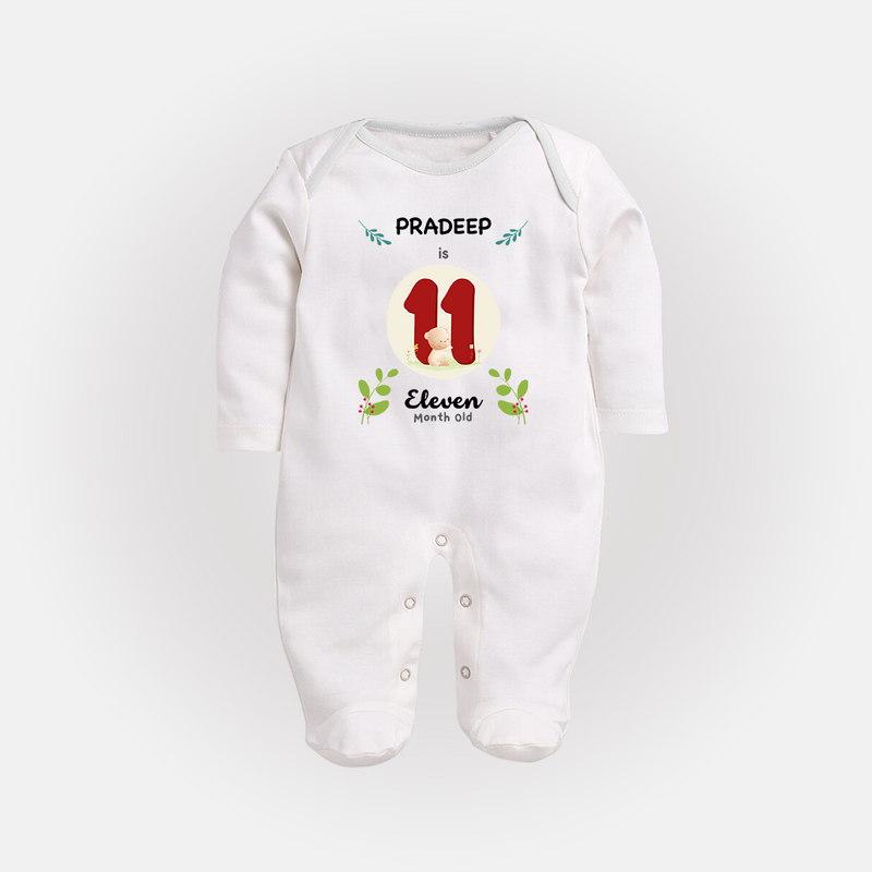 Customized Baby Full Sleeve Bodysuit/ Sleep Suit/ Jumpsuit | Celebrate 11th Month | Soft & Comfy Fit Full Sleeve Bodysuit/ Sleep Suit/ Jumpsuit - WHITE - New Born (Chest 7.5")
