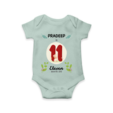 Mark your little one's Eleventh month with a personalized romper/onesie featuring their name! - MINT GREEN - 0 - 3 Months Old (Chest 16")