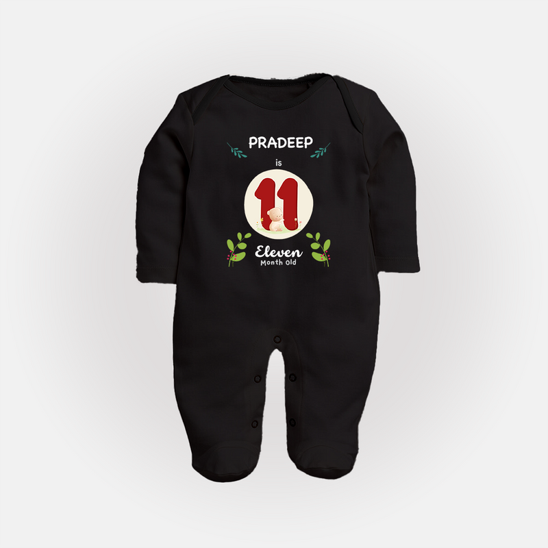 Customized Baby Full Sleeve Bodysuit/ Sleep Suit/ Jumpsuit | Celebrate 11th Month | Soft & Comfy Fit Full Sleeve Bodysuit/ Sleep Suit/ Jumpsuit - BLACK - New Born (Chest 7.5")