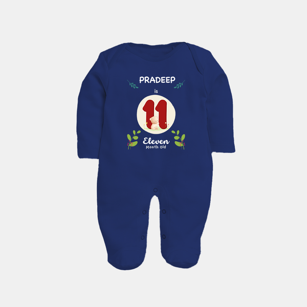 Customized Baby Full Sleeve Bodysuit/ Sleep Suit/ Jumpsuit | Celebrate 11th Month | Soft & Comfy Fit Full Sleeve Bodysuit/ Sleep Suit/ Jumpsuit - NAVY BLUE - New Born (Chest 7.5")