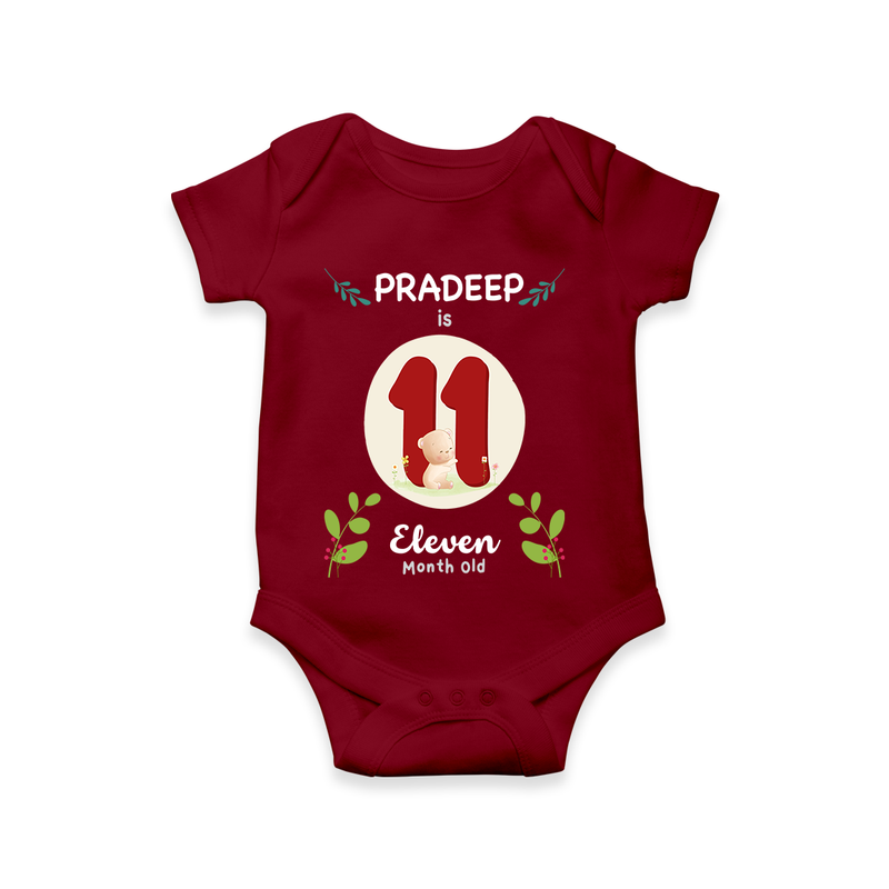 Mark your little one's Eleventh month with a personalized romper/onesie featuring their name! - MAROON - 0 - 3 Months Old (Chest 16")