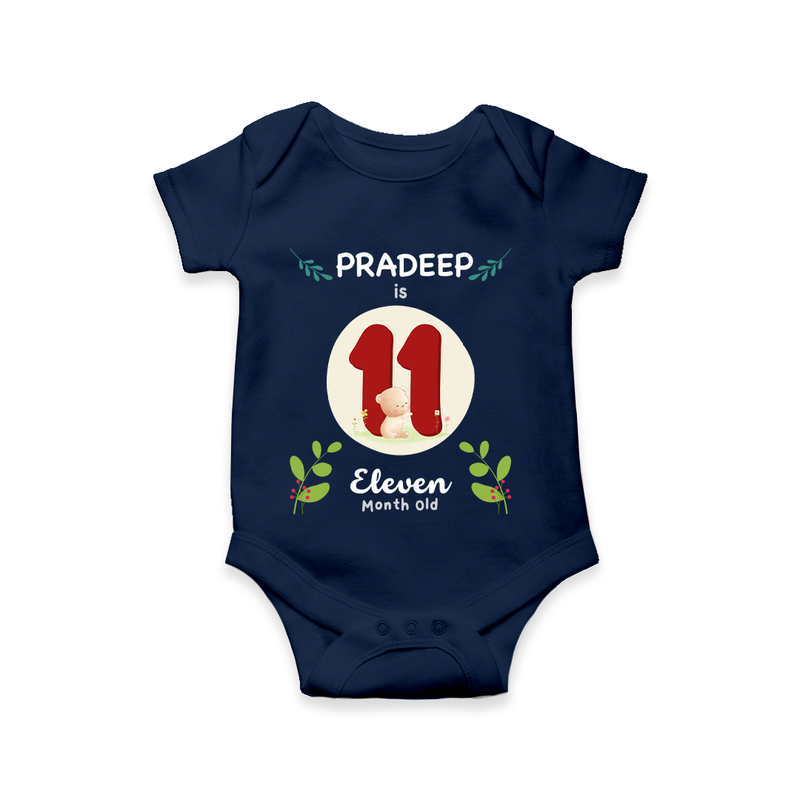 Mark your little one's Eleventh month with a personalized romper/onesie featuring their name! - NAVY BLUE - 0 - 3 Months Old (Chest 16")