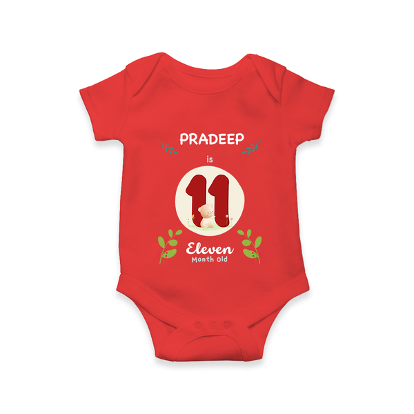 Customized Baby Romper/Onesie | Celebrate 11th Month | Soft & Comfy Fit - RED - New Born (Chest 14")