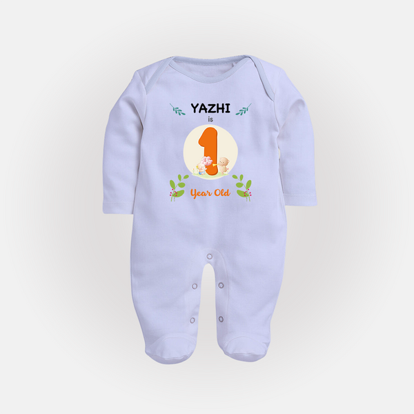 Customized Baby Full Sleeve Bodysuit/ Sleep Suit/ Jumpsuit | Celebrate 1st Year | Soft & Comfy Fit Full Sleeve Bodysuit/ Sleep Suit/ Jumpsuit - BABY BLUE - New Born (Chest 7.5")