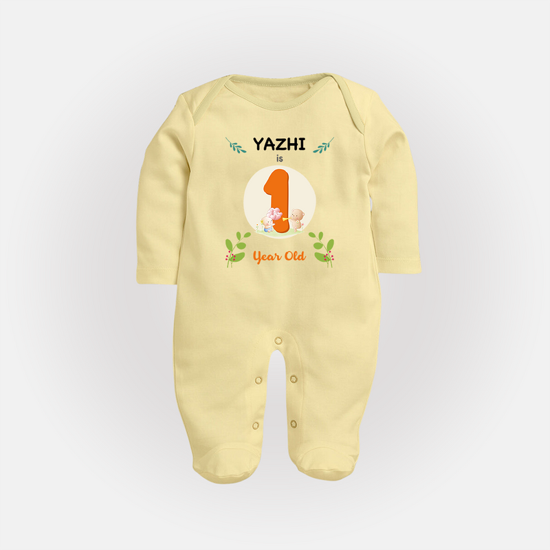 Celebrate one Year of joy with our delightful customized Sleep Suit For Babies - PASTEL YELLOW - New Born (Chest 7.5")