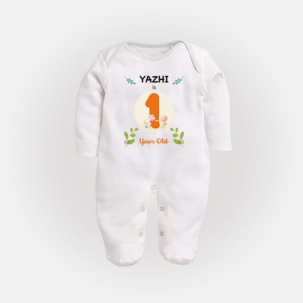 Customized Baby Full Sleeve Bodysuit/ Sleep Suit/ Jumpsuit | Celebrate 1st Year | Soft & Comfy Fit Full Sleeve Bodysuit/ Sleep Suit/ Jumpsuit - WHITE - New Born (Chest 7.5")