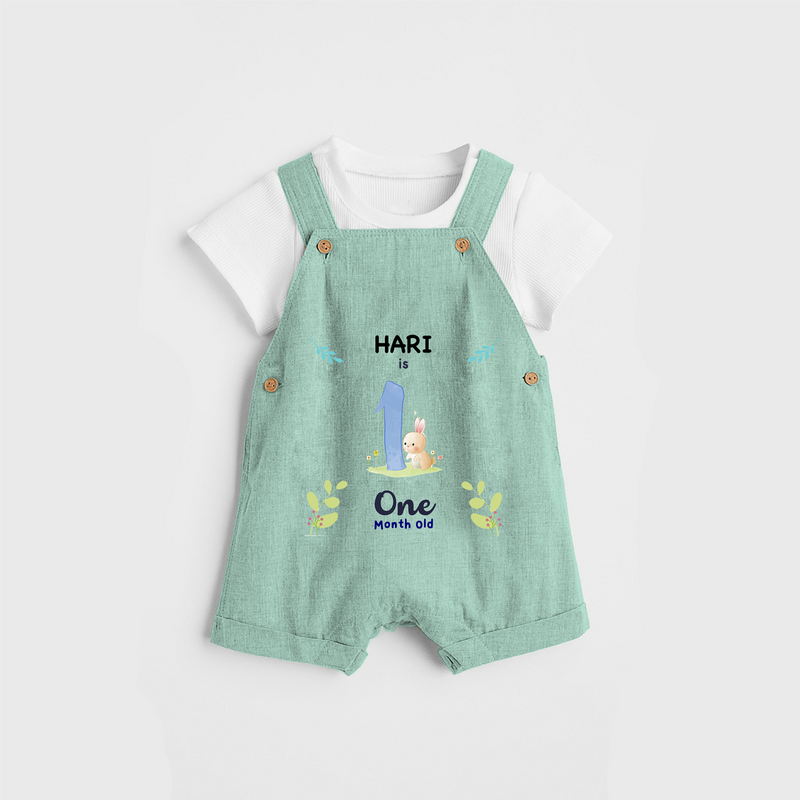 Celebrate The 1st Month Birthday Custom Dungaree set, Personalized with your little one's name - LIGHT GREEN - 0 - 5 Months Old (Chest 17")
