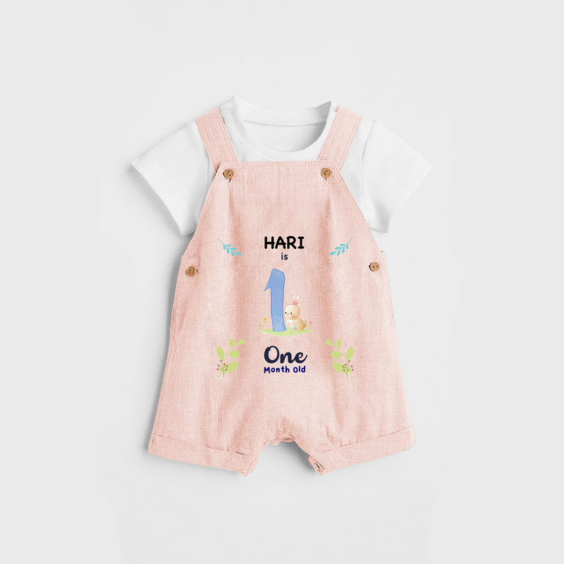 Celebrate The 1st Month Birthday Custom Dungaree set, Personalized with your little one's name - PEACH - 0 - 5 Months Old (Chest 17")