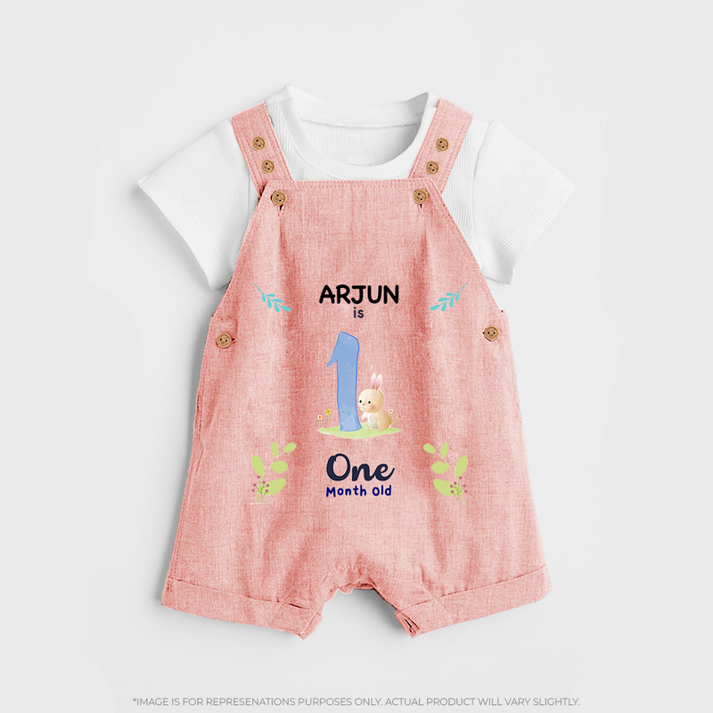 1 Month Milestone Baby Dungaree Set Outfit | Personalized Dungaree Set | Perfect for Photoshoots - PEACH - 0 - 5 Months Old (Chest 18")