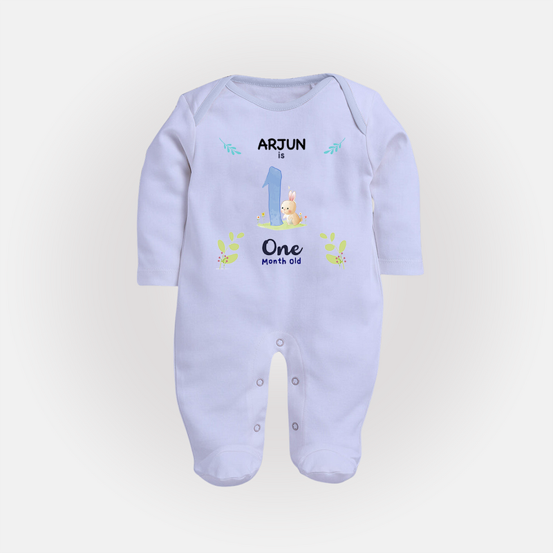 1 Month Milestone Baby Full Sleeve Bodysuit/ Sleep Suit/ Jumpsuit Outfit | Personalized Full Sleeve Bodysuit/ Sleep Suit/ Jumpsuit | Perfect for Photoshoots - BABY BLUE - New Born (Chest 7.5")