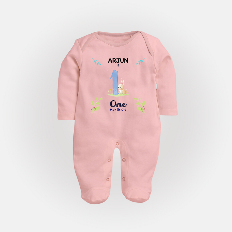 1 Month Milestone Baby Full Sleeve Bodysuit/ Sleep Suit/ Jumpsuit Outfit | Personalized Full Sleeve Bodysuit/ Sleep Suit/ Jumpsuit | Perfect for Photoshoots - BABY PINK - New Born (Chest 7.5")