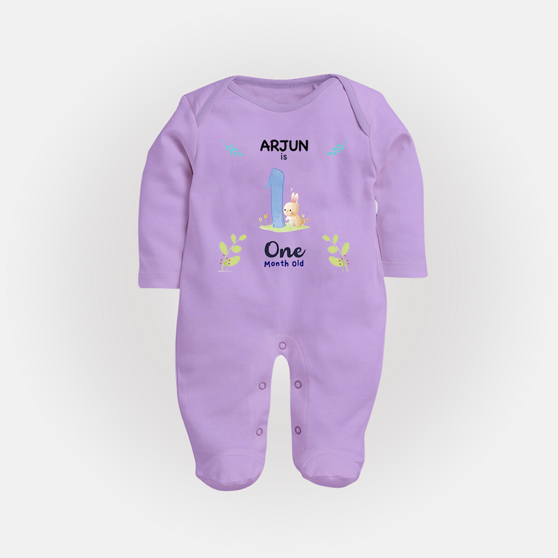 1 Month Milestone Baby Full Sleeve Bodysuit/ Sleep Suit/ Jumpsuit Outfit | Personalized Full Sleeve Bodysuit/ Sleep Suit/ Jumpsuit | Perfect for Photoshoots - LILAC - New Born (Chest 7.5")