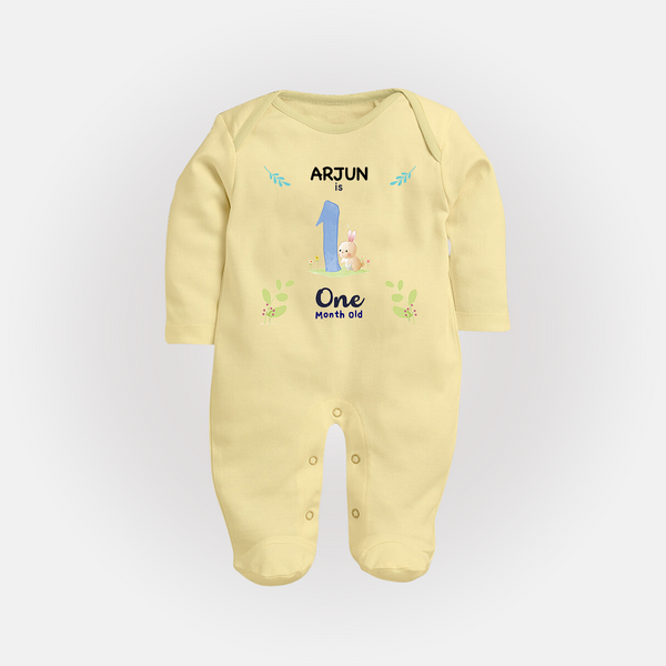 1 Month Milestone Baby Full Sleeve Bodysuit/ Sleep Suit/ Jumpsuit Outfit | Personalized Full Sleeve Bodysuit/ Sleep Suit/ Jumpsuit | Perfect for Photoshoots - PASTEL YELLOW - New Born (Chest 7.5")
