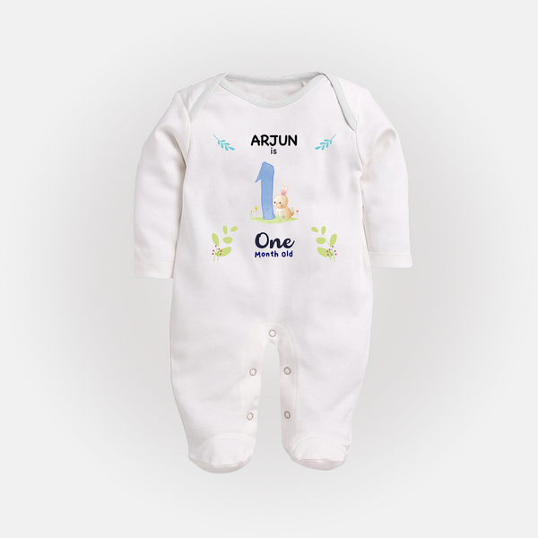 1 Month Milestone Baby Full Sleeve Bodysuit/ Sleep Suit/ Jumpsuit Outfit | Personalized Full Sleeve Bodysuit/ Sleep Suit/ Jumpsuit | Perfect for Photoshoots - WHITE - New Born (Chest 7.5")