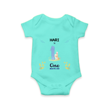 Celebrate The 1st Month Birthday Custom Romper/ Onesie, Personalized with your little one's name - ARCTIC BLUE - 0 - 3 Months Old (Chest 16")