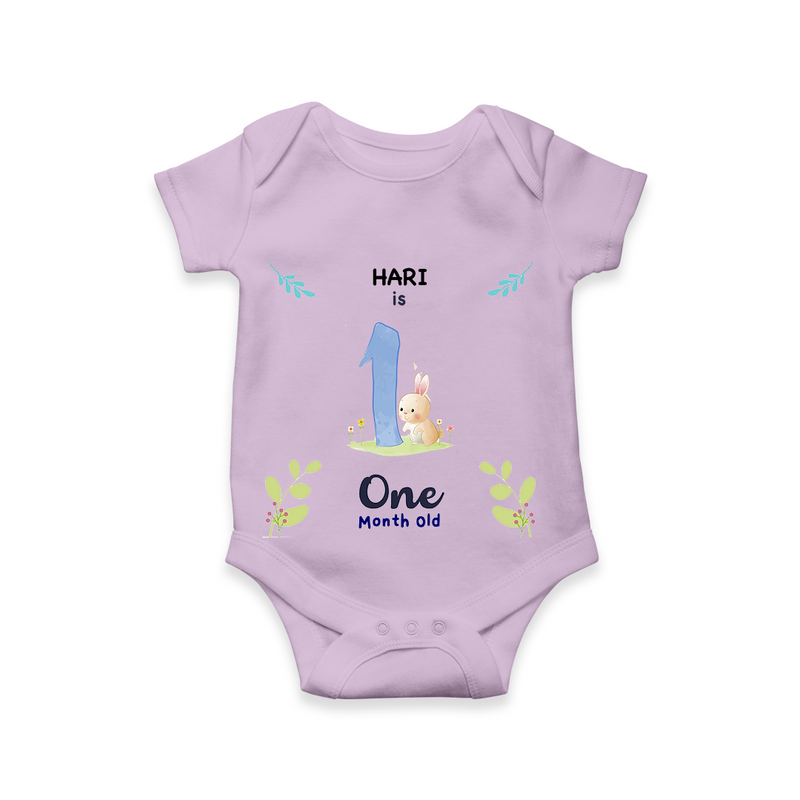 Celebrate The 1st Month Birthday Custom Romper/ Onesie, Personalized with your little one's name - LILAC - 0 - 3 Months Old (Chest 16")
