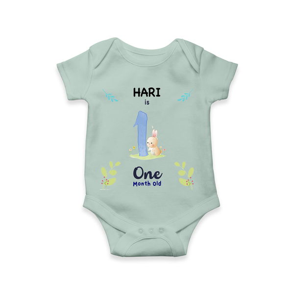 Celebrate The 1st Month Birthday Custom Romper/ Onesie, Personalized with your little one's name - MINT GREEN - 0 - 3 Months Old (Chest 16")
