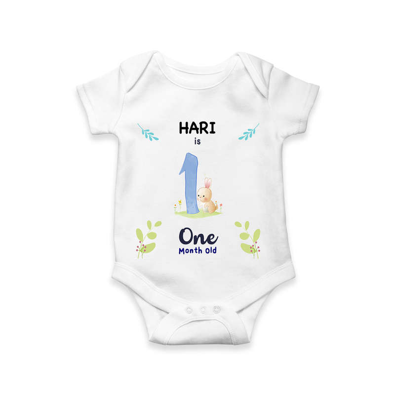 Celebrate The 1st Month Birthday Custom Romper/ Onesie, Personalized with your little one's name - WHITE - 0 - 3 Months Old (Chest 16")