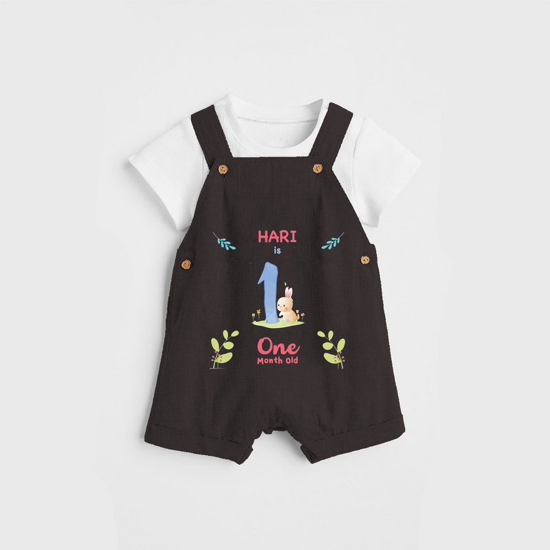 Celebrate The 1st Month Birthday Custom Dungaree set, Personalized with your little one's name - CHOCOLATE BROWN - 0 - 5 Months Old (Chest 17")