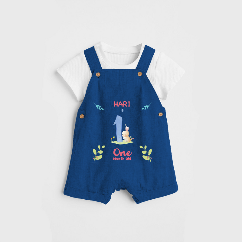 Celebrate The 1st Month Birthday Custom Dungaree set, Personalized with your little one's name - COBALT BLUE - 0 - 5 Months Old (Chest 17")