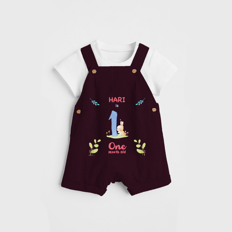 Celebrate The 1st Month Birthday Custom Dungaree set, Personalized with your little one's name - MAROON - 0 - 5 Months Old (Chest 17")