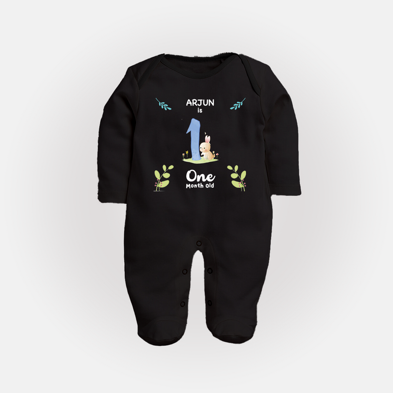 1 Month Milestone Baby Full Sleeve Bodysuit/ Sleep Suit/ Jumpsuit Outfit | Personalized Full Sleeve Bodysuit/ Sleep Suit/ Jumpsuit | Perfect for Photoshoots - BLACK - New Born (Chest 7.5")