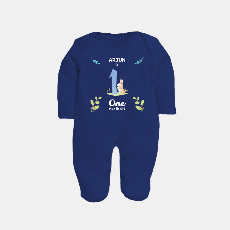 1 Month Milestone Baby Full Sleeve Bodysuit/ Sleep Suit/ Jumpsuit Outfit | Personalized Full Sleeve Bodysuit/ Sleep Suit/ Jumpsuit | Perfect for Photoshoots - NAVY BLUE - New Born (Chest 7.5")
