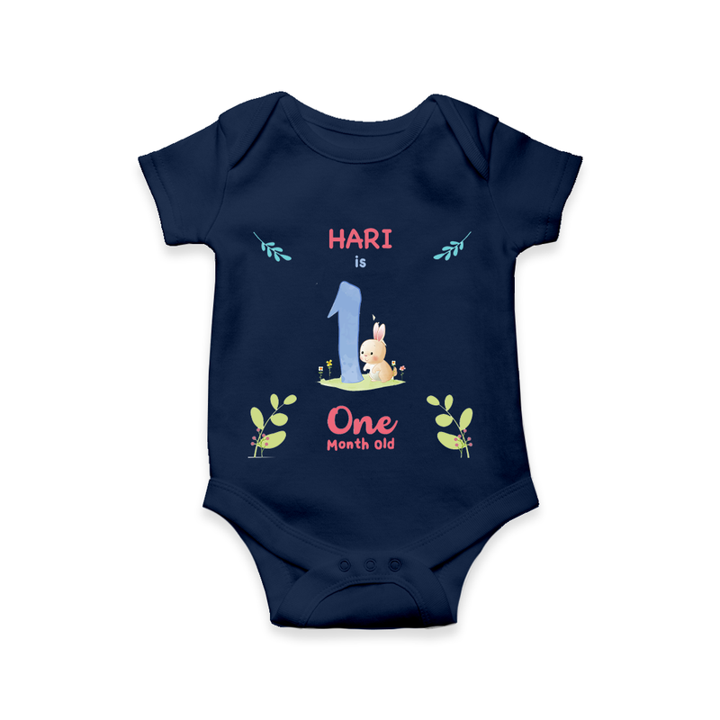 Celebrate The 1st Month Birthday Custom Romper/ Onesie, Personalized with your little one's name - NAVY BLUE - 0 - 3 Months Old (Chest 16")