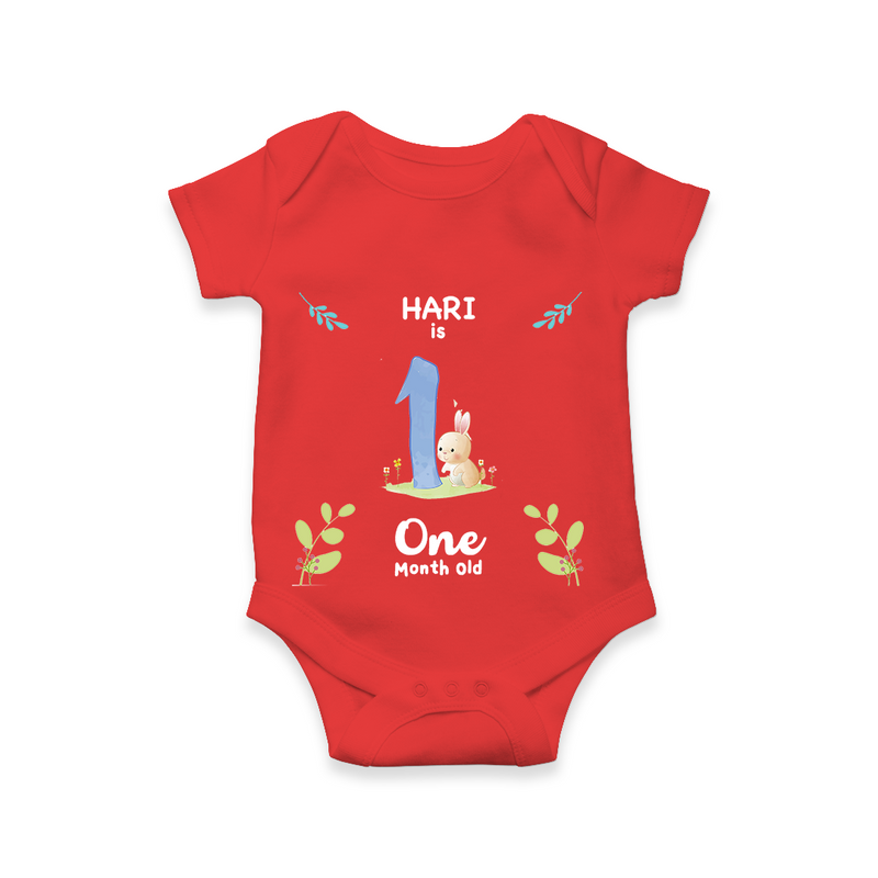 Celebrate The 1st Month Birthday Custom Romper/ Onesie, Personalized with your little one's name - RED - 0 - 3 Months Old (Chest 16")