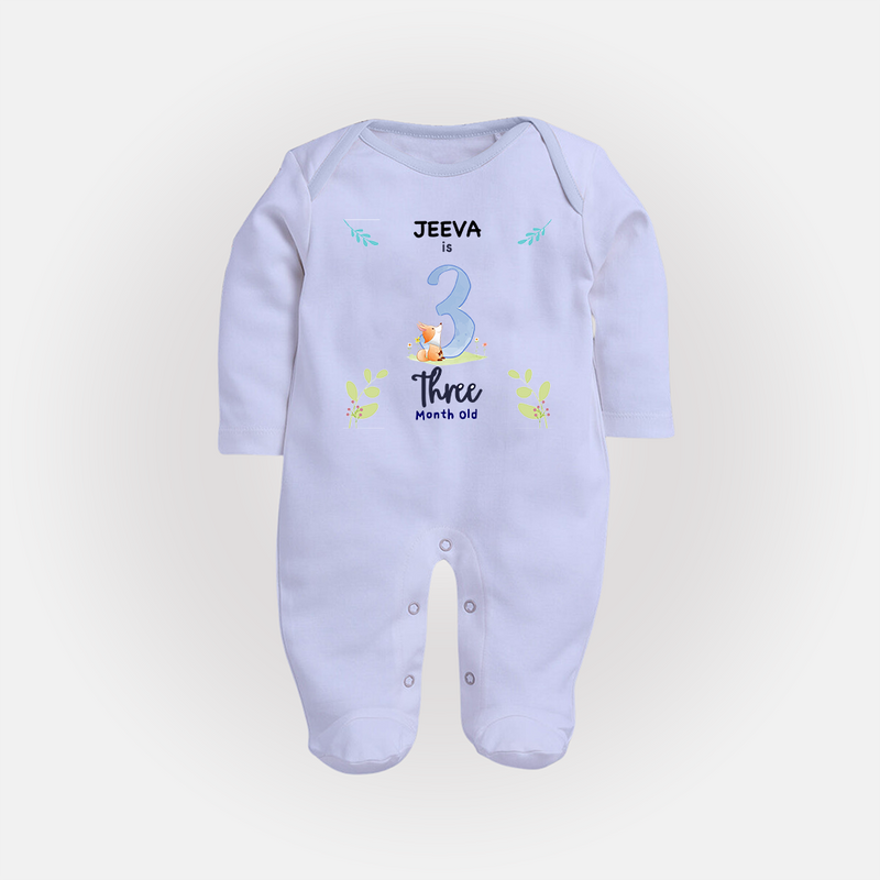 3 Month Milestone Baby Full Sleeve Bodysuit/ Sleep Suit/ Jumpsuit Outfit | Personalized Full Sleeve Bodysuit/ Sleep Suit/ Jumpsuit | Perfect for Photoshoots - BABY BLUE - New Born (Chest 7.5")
