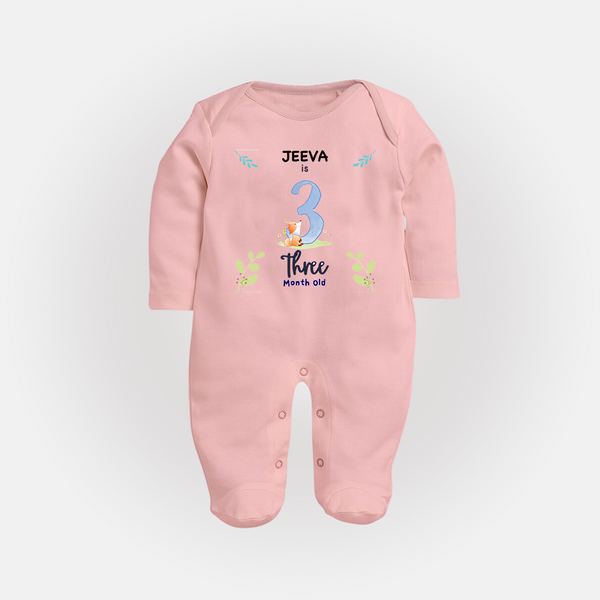 3 Month Milestone Baby Full Sleeve Bodysuit/ Sleep Suit/ Jumpsuit Outfit | Personalized Full Sleeve Bodysuit/ Sleep Suit/ Jumpsuit | Perfect for Photoshoots - BABY PINK - New Born (Chest 7.5")