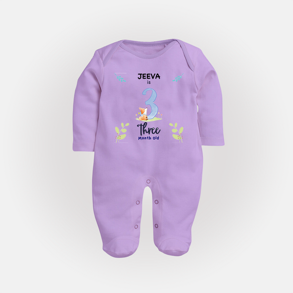 3 Month Milestone Baby Full Sleeve Bodysuit/ Sleep Suit/ Jumpsuit Outfit | Personalized Full Sleeve Bodysuit/ Sleep Suit/ Jumpsuit | Perfect for Photoshoots - LILAC - New Born (Chest 7.5")
