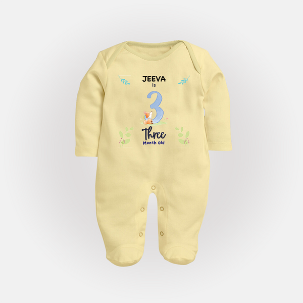 3 Month Milestone Baby Full Sleeve Bodysuit/ Sleep Suit/ Jumpsuit Outfit | Personalized Full Sleeve Bodysuit/ Sleep Suit/ Jumpsuit | Perfect for Photoshoots - PASTEL YELLOW - New Born (Chest 7.5")