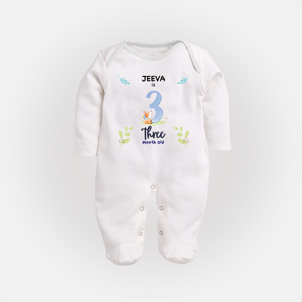 3 Month Milestone Baby Full Sleeve Bodysuit/ Sleep Suit/ Jumpsuit Outfit | Personalized Full Sleeve Bodysuit/ Sleep Suit/ Jumpsuit | Perfect for Photoshoots - WHITE - New Born (Chest 7.5")