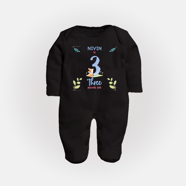 3 Month Milestone Baby Full Sleeve Bodysuit/ Sleep Suit/ Jumpsuit Outfit | Personalized Full Sleeve Bodysuit/ Sleep Suit/ Jumpsuit | Perfect for Photoshoots - BLACK - New Born (Chest 7.5")