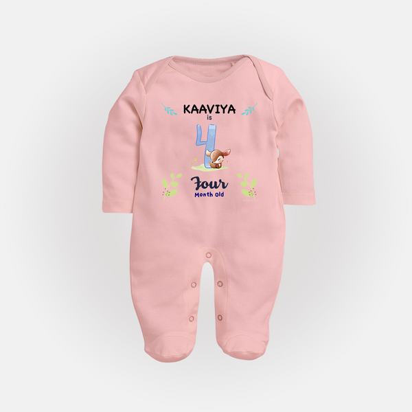 4 Month Milestone Baby Full Sleeve Bodysuit/ Sleep Suit/ Jumpsuit Outfit | Personalized Full Sleeve Bodysuit/ Sleep Suit/ Jumpsuit | Perfect for Photoshoots - BABY PINK - New Born (Chest 7.5")