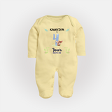4 Month Milestone Baby Full Sleeve Bodysuit/ Sleep Suit/ Jumpsuit Outfit | Personalized Full Sleeve Bodysuit/ Sleep Suit/ Jumpsuit | Perfect for Photoshoots - PASTEL YELLOW - New Born (Chest 7.5")