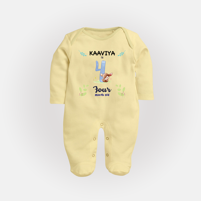 4 Month Milestone Baby Full Sleeve Bodysuit/ Sleep Suit/ Jumpsuit Outfit | Personalized Full Sleeve Bodysuit/ Sleep Suit/ Jumpsuit | Perfect for Photoshoots - PASTEL YELLOW - New Born (Chest 7.5")