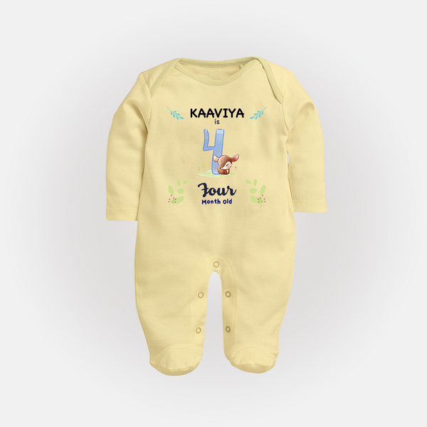 4 Month Milestone Baby Full Sleeve Bodysuit/ Sleep Suit/ Jumpsuit Outfit | Personalized Full Sleeve Bodysuit/ Sleep Suit/ Jumpsuit | Perfect for Photoshoots - PASTEL YELLOW - New Born (Chest 7.5")