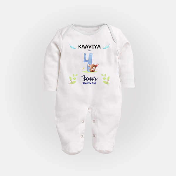 4 Month Milestone Baby Full Sleeve Bodysuit/ Sleep Suit/ Jumpsuit Outfit | Personalized Full Sleeve Bodysuit/ Sleep Suit/ Jumpsuit | Perfect for Photoshoots - WHITE - New Born (Chest 7.5")