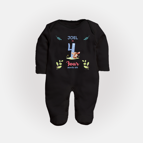 4 Month Milestone Baby Full Sleeve Bodysuit/ Sleep Suit/ Jumpsuit Outfit | Personalized Full Sleeve Bodysuit/ Sleep Suit/ Jumpsuit | Perfect for Photoshoots - BLACK - New Born (Chest 7.5")