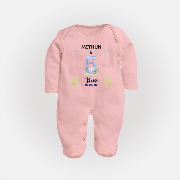 5 Month Milestone Baby Full Sleeve Bodysuit/ Sleep Suit/ Jumpsuit Outfit | Personalized Full Sleeve Bodysuit/ Sleep Suit/ Jumpsuit | Perfect for Photoshoots - BABY PINK - New Born (Chest 7.5")